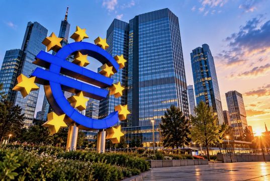 Euro sembolü ve Avrupa kentini gösteren temsili görsel